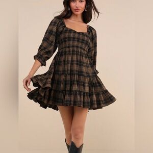 Lulus No One Cuter Cotton Plaid Puff Sleeve Tiered Boho Mini Dress Sz Small EUC